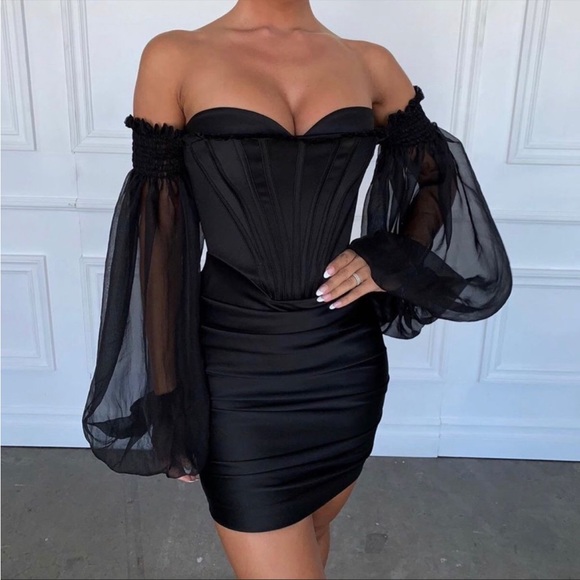 House of CB ‘Beau’ Black Satin and Chiffon Corset Dress NWOT - Picture 6 of 14